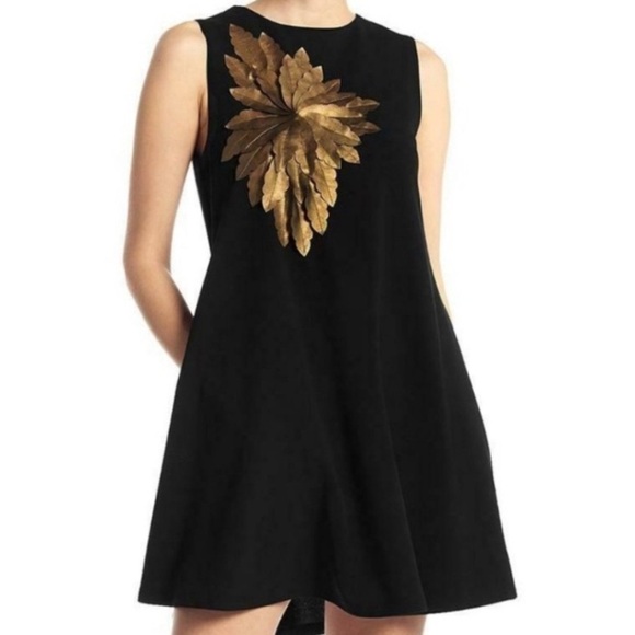 Gracia Dresses & Skirts - GRACIA Stretch Golden Floral Faux Leather sleeveless Dress Size Small